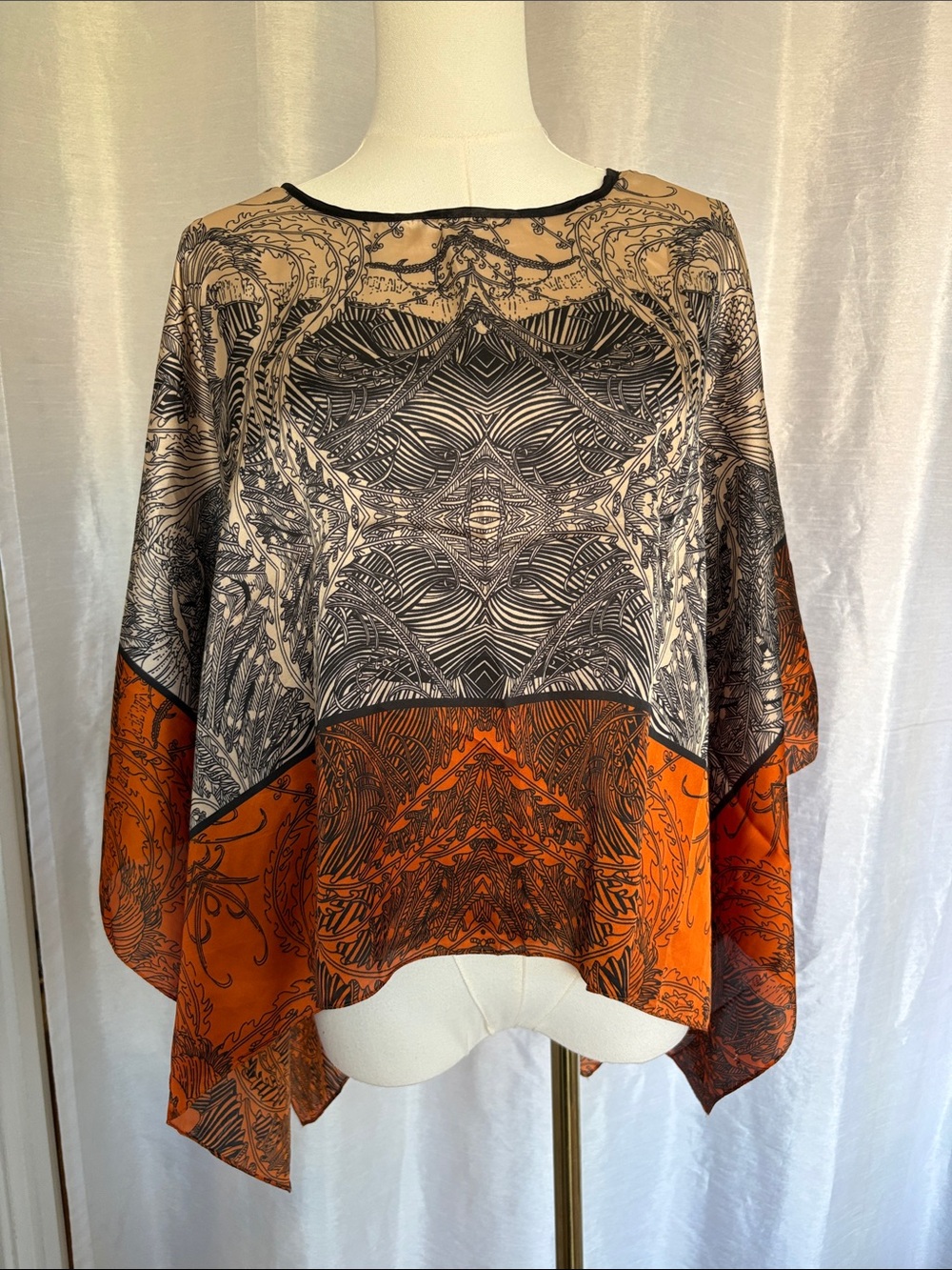 Boho Printed Silk-Like Orange & Black Women's Poncho Top